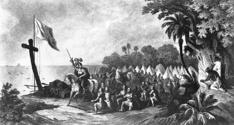 Die Landung in Tampa Bay: De Soto und seine Anhänger schwören zu erobern oder zu sterben, graviert von John Sartain